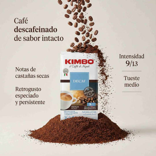 Café molido Kimbo Decaf tueste medio intensidad 9 sabor suave