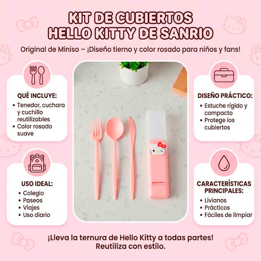 Kit De Cubiertos Hello Kitty Sanrio Miniso Rosa 3 Piezas Con Estuche