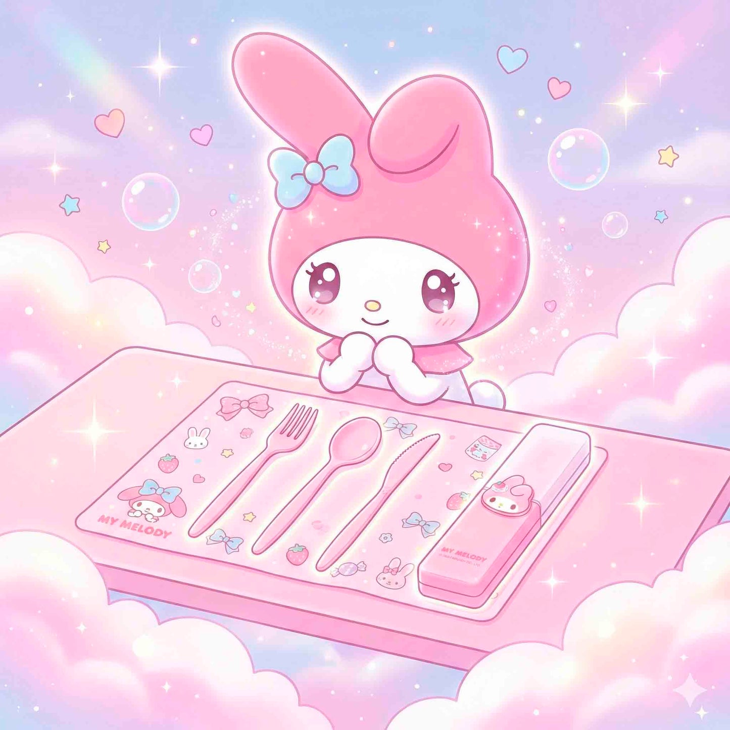 Kit De Cubiertos My Melody Sanrio Miniso Rosa 3 Piezas Con Estuche