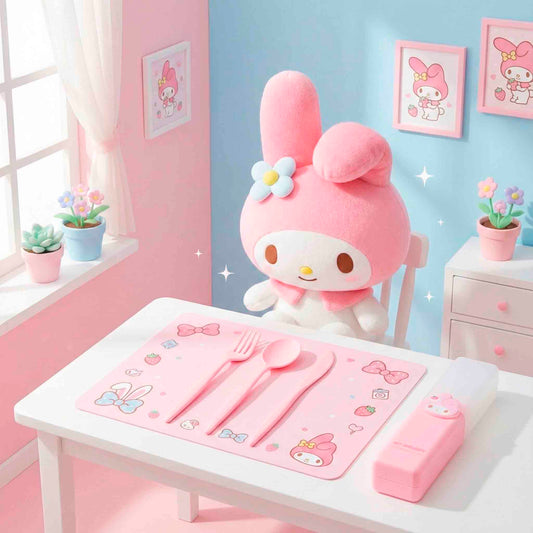 Kit De Cubiertos My Melody Sanrio Miniso Rosa 3 Piezas Con Estuche