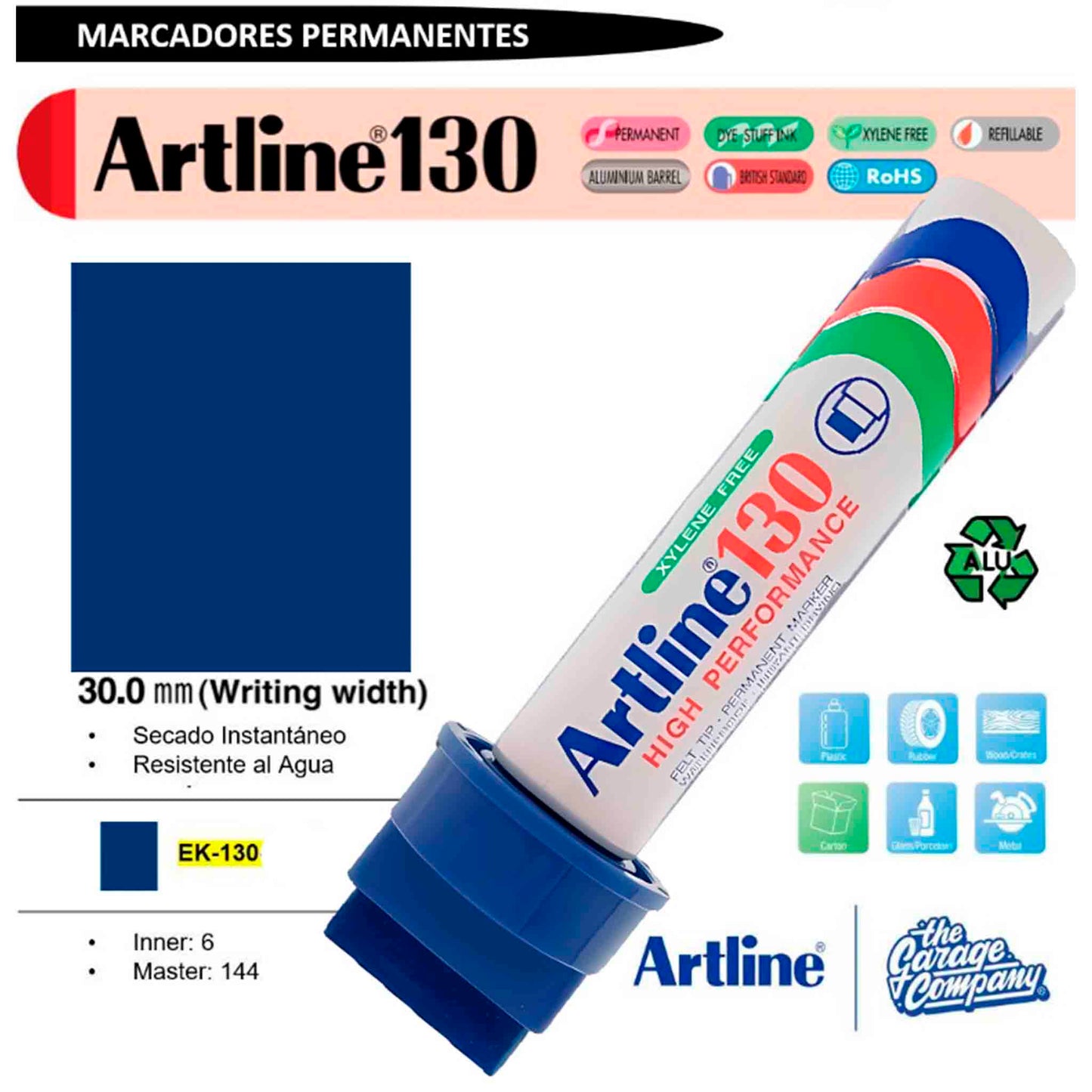 Marcador Permanente Artline 130 Azul 30mm – Punta Biselada de Precisión