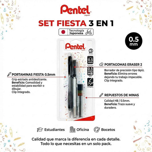 Pack Pentel Portamina Fiesta 0.5mm + Portagoma + Minas