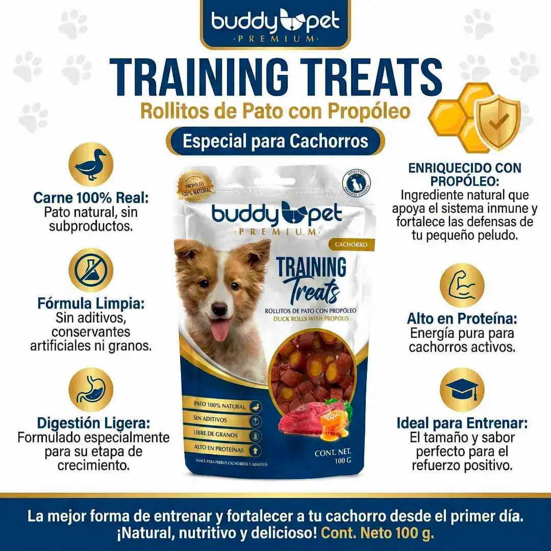 Premios para perro Buddy Pet Training Treats sabor pato con propóleo 100g snack entrenamiento cachorro sin granos
