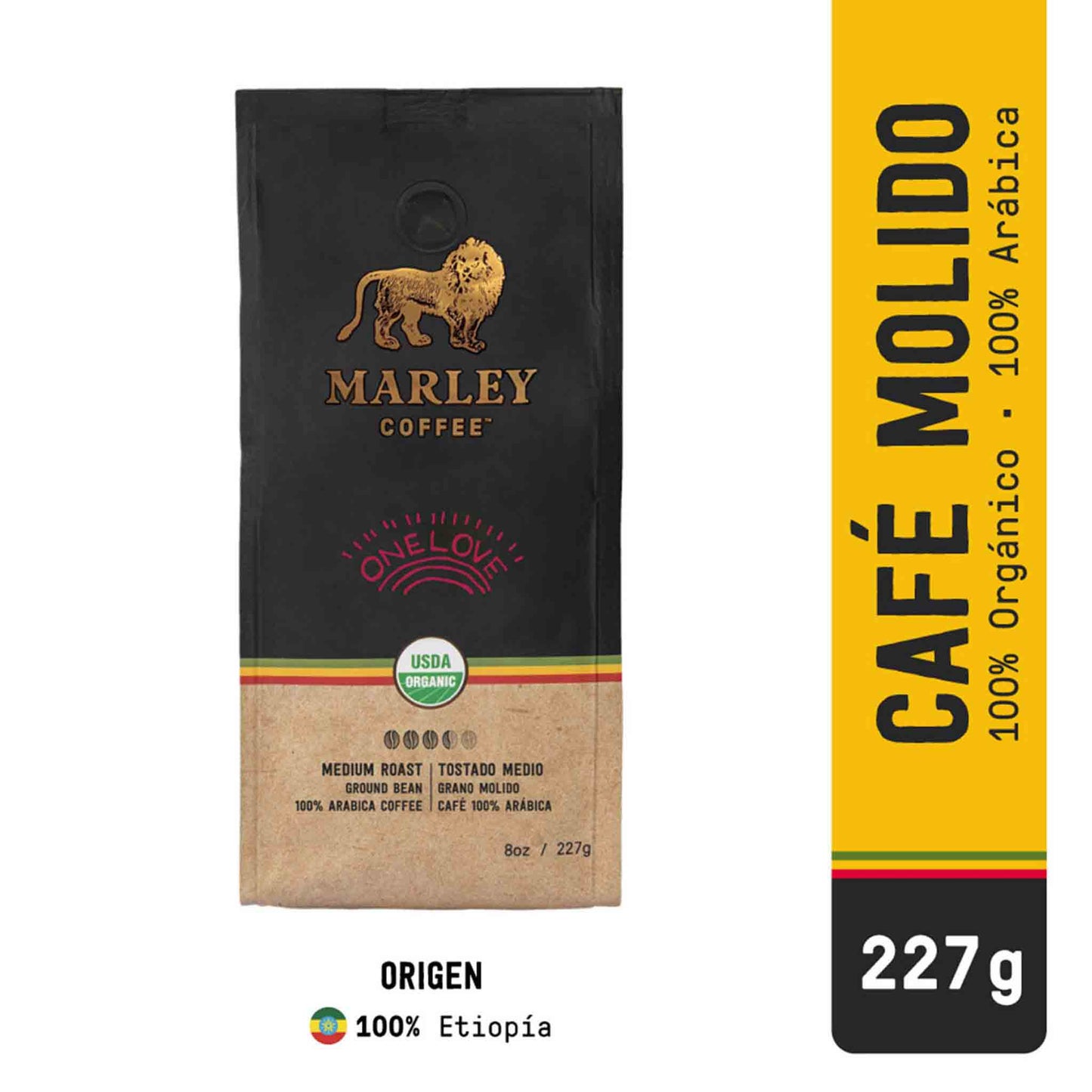 Bolsa de café Marley Coffee One Love molido 100% arábica, tostado medio y contenido de 227 g