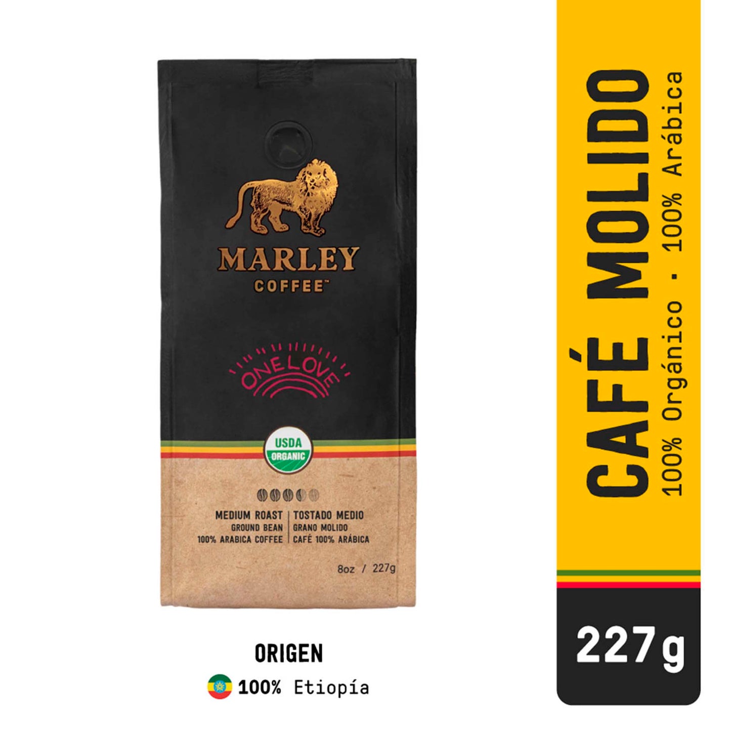 Café Marley Coffee One Love 227 g – Grano molido 100 % Arábica, sabor suave y vibrante MARLEY- Dermocosmetica_belleza_online