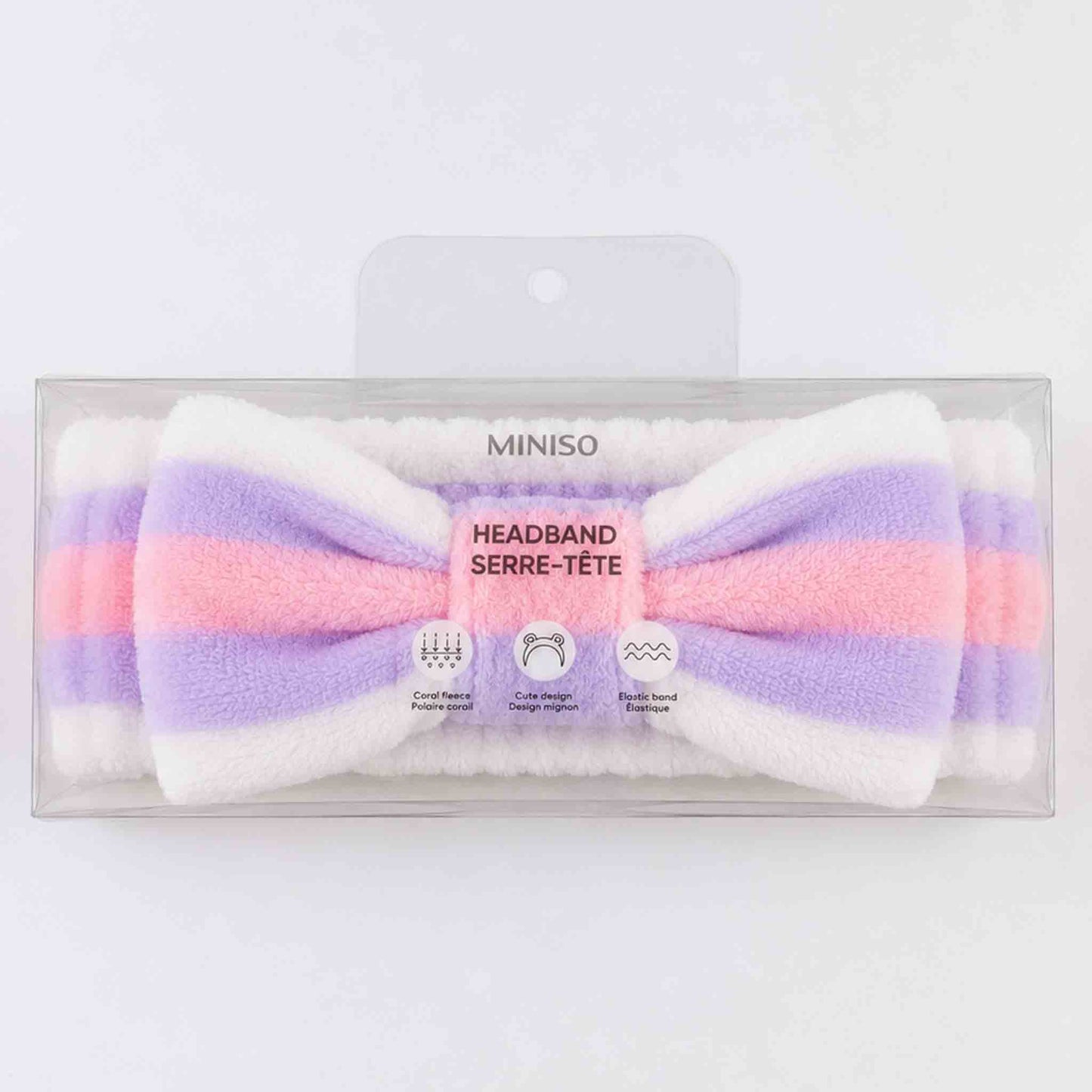 Cintillo de felpa Miniso para skincare y maquillaje, suave y absorbente, en diseño osito o rosa pastel.