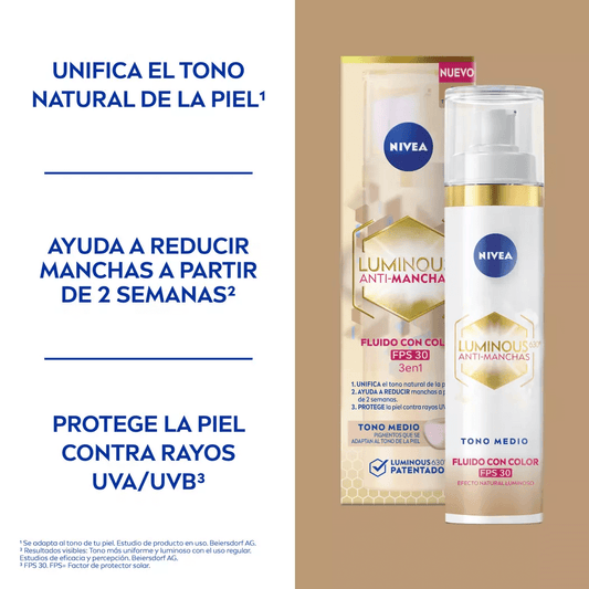 Nivea Luminous 630 Fluido con Color Tono Medio FPS30 – Unifica, corrige y protege en un solo paso NIVEA- Dermocosmetica_belleza_online