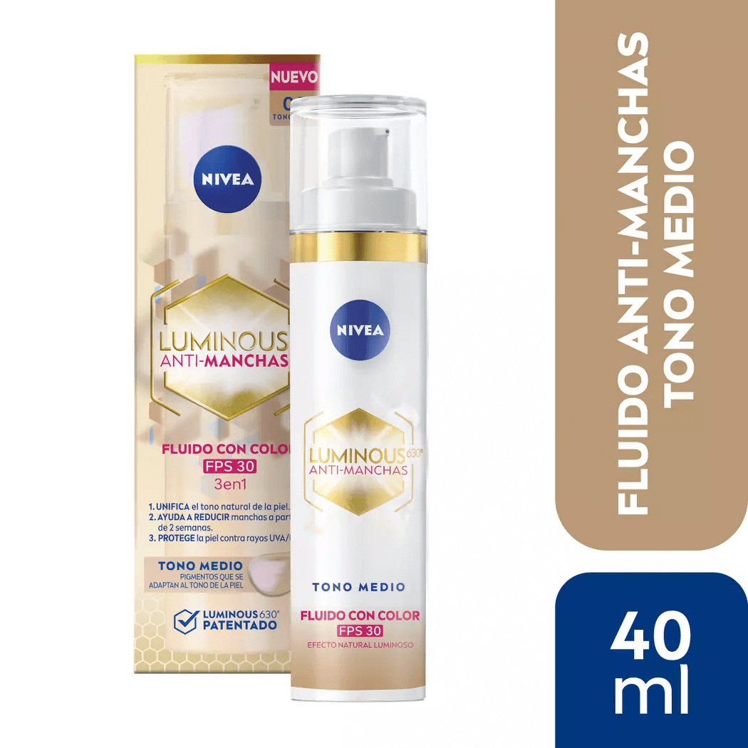 Nivea Luminous 630 Fluido con Color Tono Medio FPS30 – Unifica, corrige y protege en un solo paso NIVEA- Dermocosmetica_belleza_online