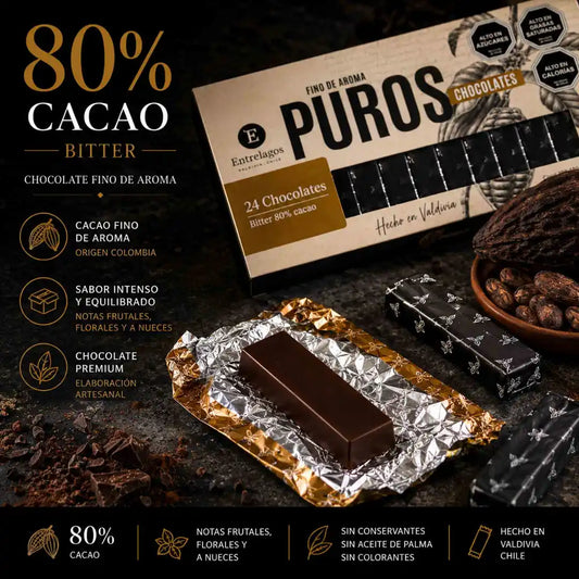 Chocolate Entrelagos Puros 80% cacao en formato de 24 barritas individuales, caja de 185 g hecha en Valdivia