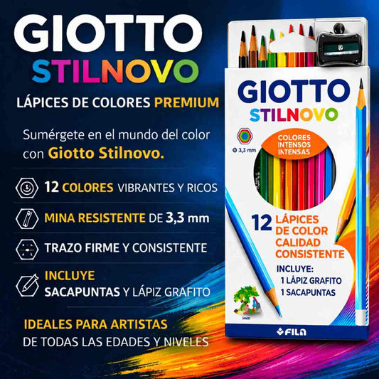 Lápices de colores Giotto Stilnovo 12 colores intensos con sacapuntas
