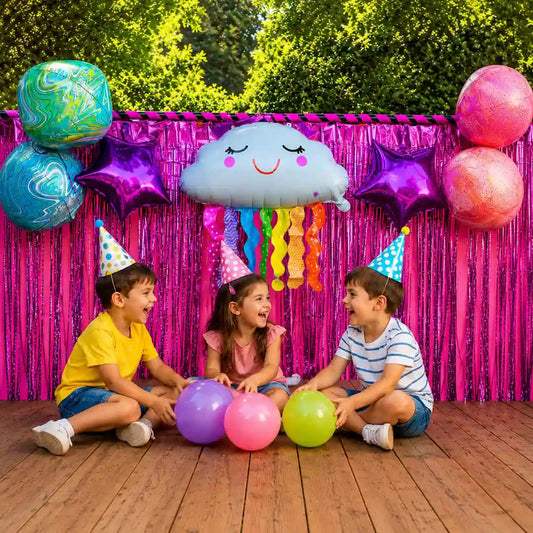 Bouquet de globos metalizados Palms para cumpleaños, diseño arcoíris con nube, estrellas moradas y globos Happy Birthday.