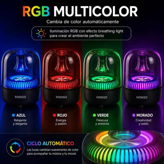 Parlante Miniso Ice Brick Series 2.0 RGB con diseño transparente, Bluetooth 5.4 y sonido de 5W.