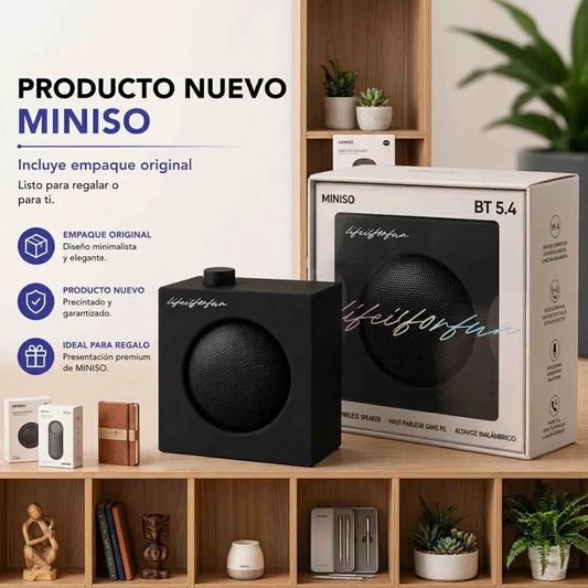 Parlante Bluetooth Miniso BT 5.4 negro compacto, portátil, con potencia 5W y batería recargable.