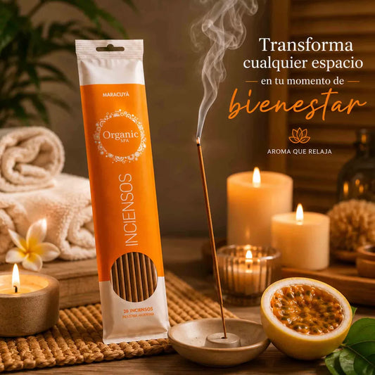 Inciensos Organic Spa aroma maracuyá con 20 unidades, empaque naranjo y fragancia dulce tropical.