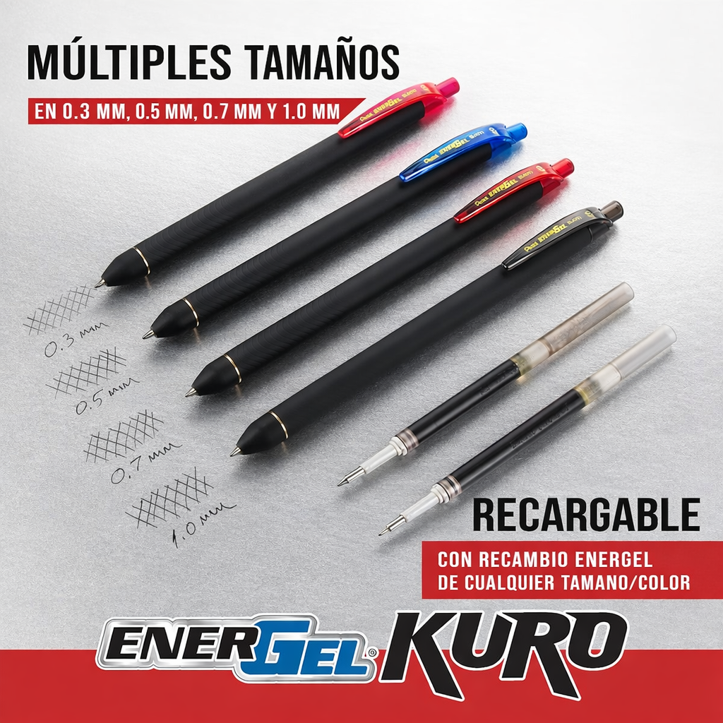 Bolígrafos gel Pentel Energel Kuro 0.7 mm trazo suave