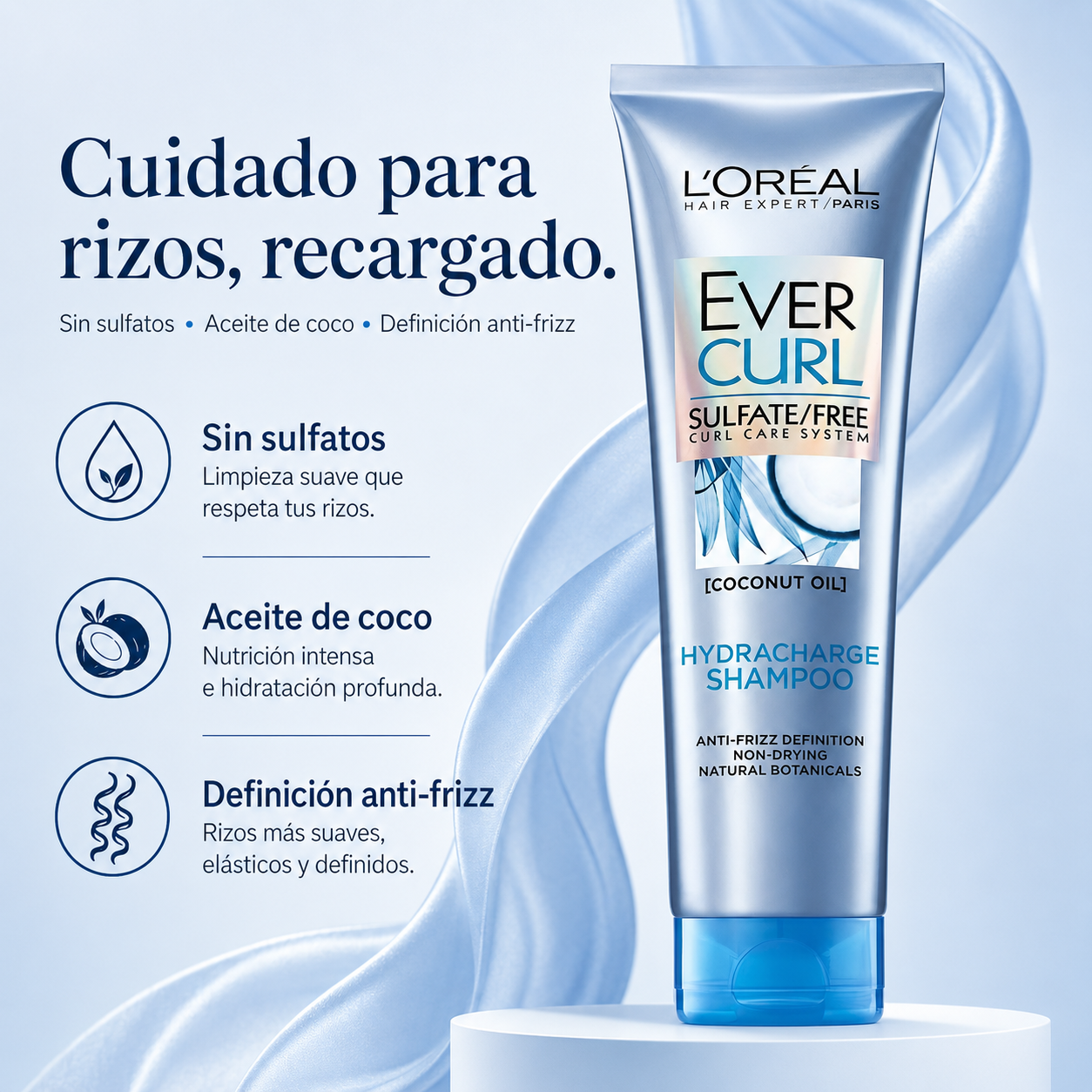 Shampoo L'Oréal Ever Pure Curl 250ml para Rizos Antifrizz