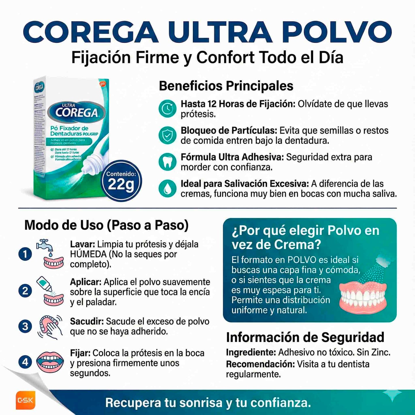 Corega Ultra Polvo Fijador 22g fijación fuerte para prótesis