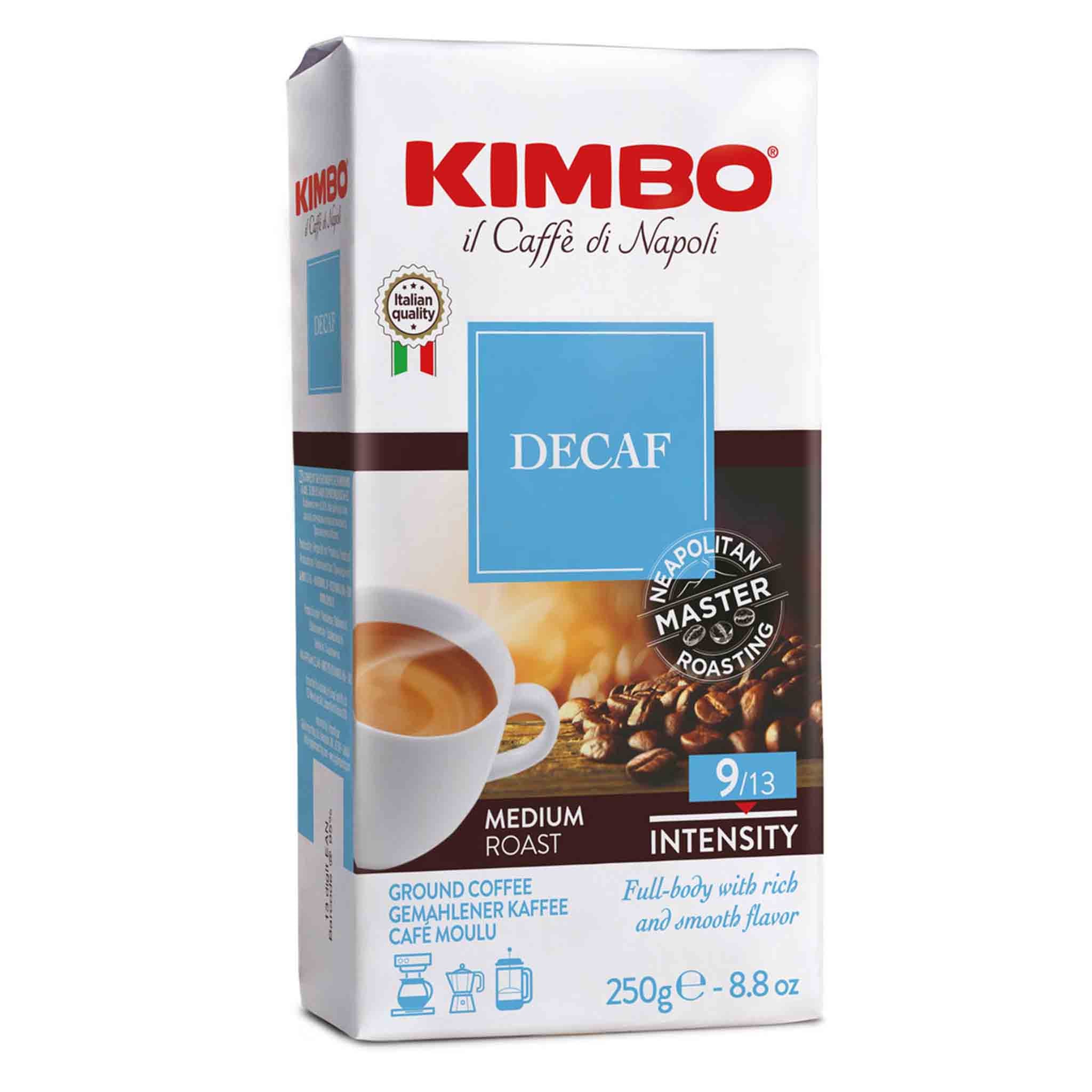 Café molido Kimbo Decaf tueste medio intensidad 9 sabor suave
