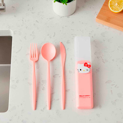 Kit De Cubiertos Hello Kitty Sanrio Miniso Rosa 3 Piezas Con Estuche