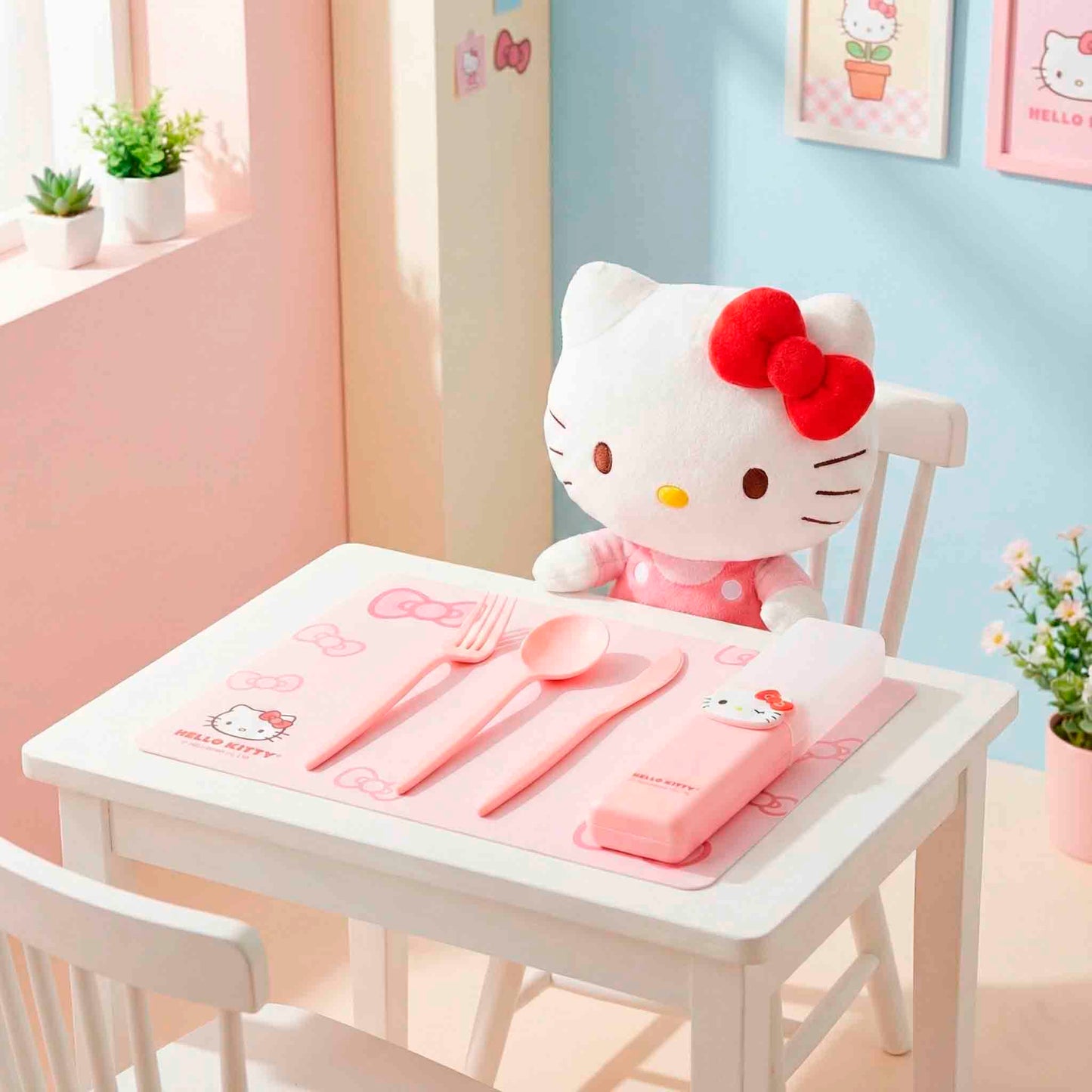 Kit De Cubiertos Hello Kitty Sanrio Miniso Rosa 3 Piezas Con Estuche