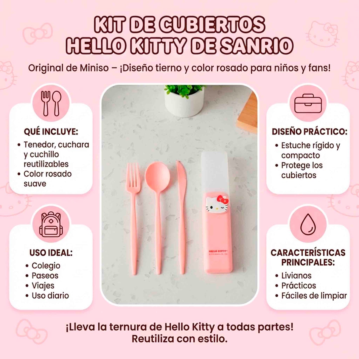 Kit De Cubiertos Hello Kitty Sanrio Miniso Rosa 3 Piezas Con Estuche