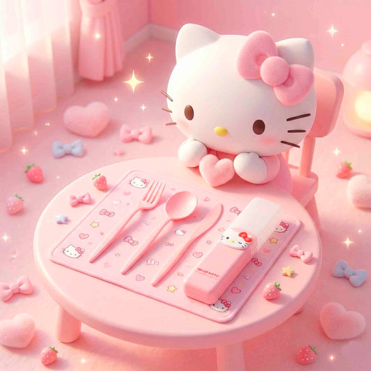 Kit De Cubiertos Hello Kitty Sanrio Miniso Rosa 3 Piezas Con Estuche