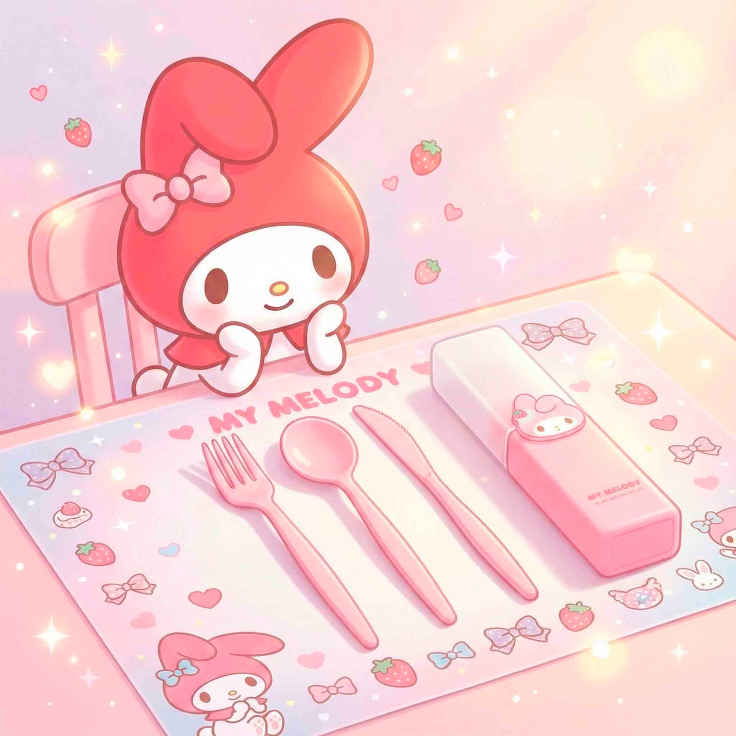 Kit De Cubiertos My Melody Sanrio Miniso Rosa 3 Piezas Con Estuche