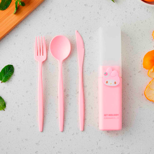 Kit De Cubiertos My Melody Sanrio Miniso Rosa 3 Piezas Con Estuche