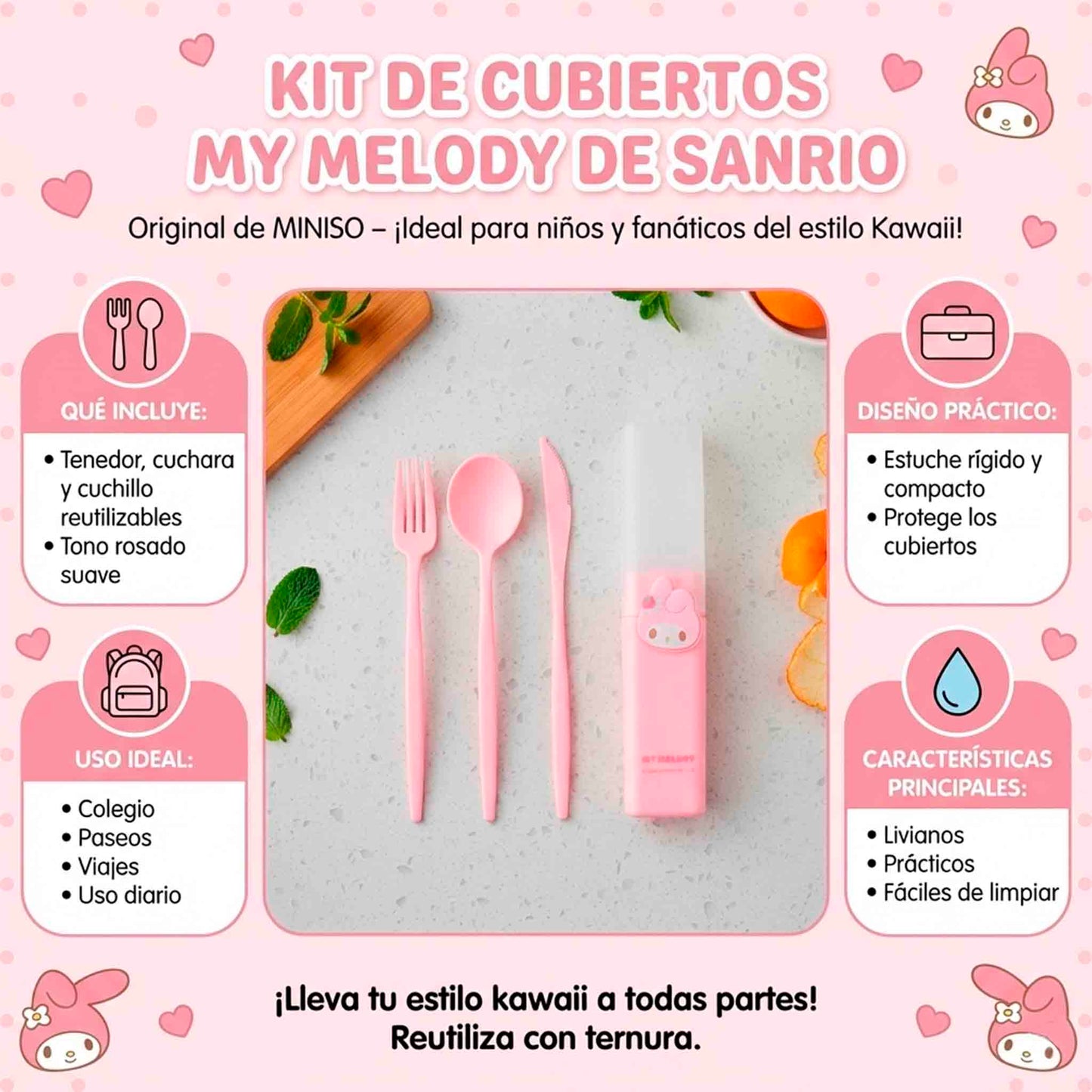 Kit De Cubiertos My Melody Sanrio Miniso Rosa 3 Piezas Con Estuche