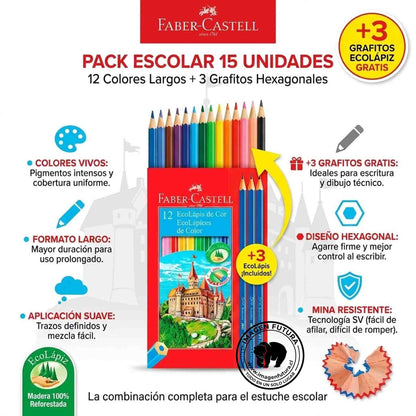 Lapices Color Faber-Castell 12 Colores Largos+3 Grafitos Hexagonales
