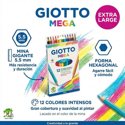 Lapices Jumbo Giotto 12 Colores Hexagonales 5,5mm Extra Grueso