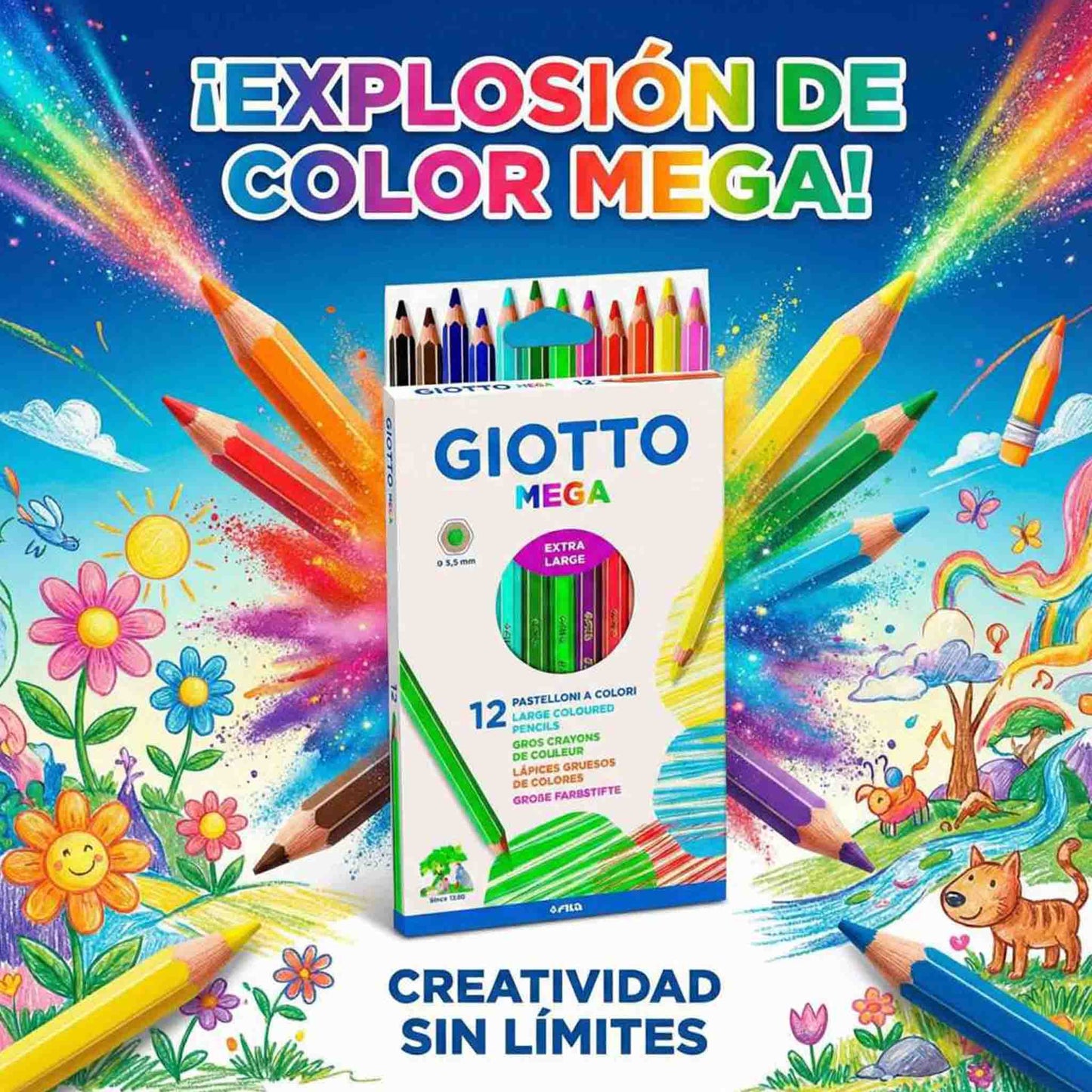 Lapices Jumbo Giotto 12 Colores Hexagonales 5,5mm Extra Grueso