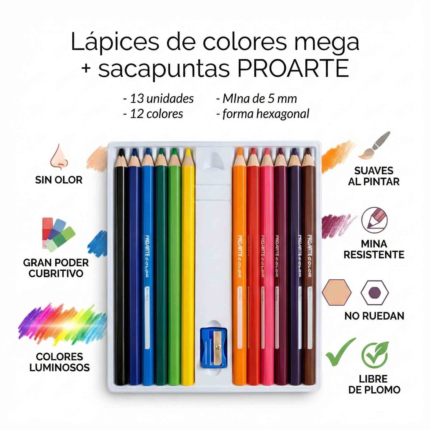 Lápices de Colores Mega Jumbo Proarte 13 Colores + Sacapuntas