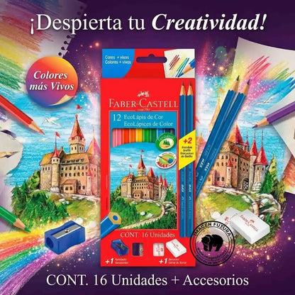 Pack Faber-Castell EcoLápiz con 12 lápices de colores, 2 grafitos, goma y sacapuntas para uso escolar.