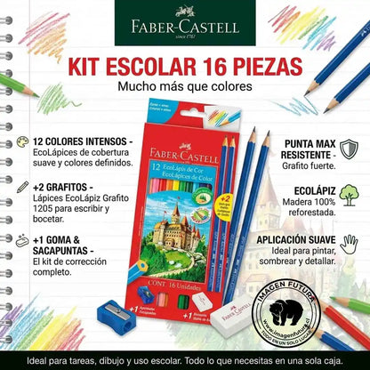 Pack Faber-Castell EcoLápiz con 12 lápices de colores, 2 grafitos, goma y sacapuntas para uso escolar.
