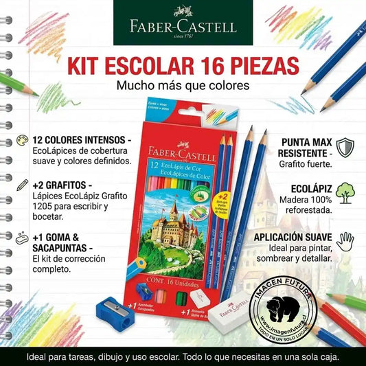 Pack Faber-Castell EcoLápiz con 12 lápices de colores, 2 grafitos, goma y sacapuntas para uso escolar.