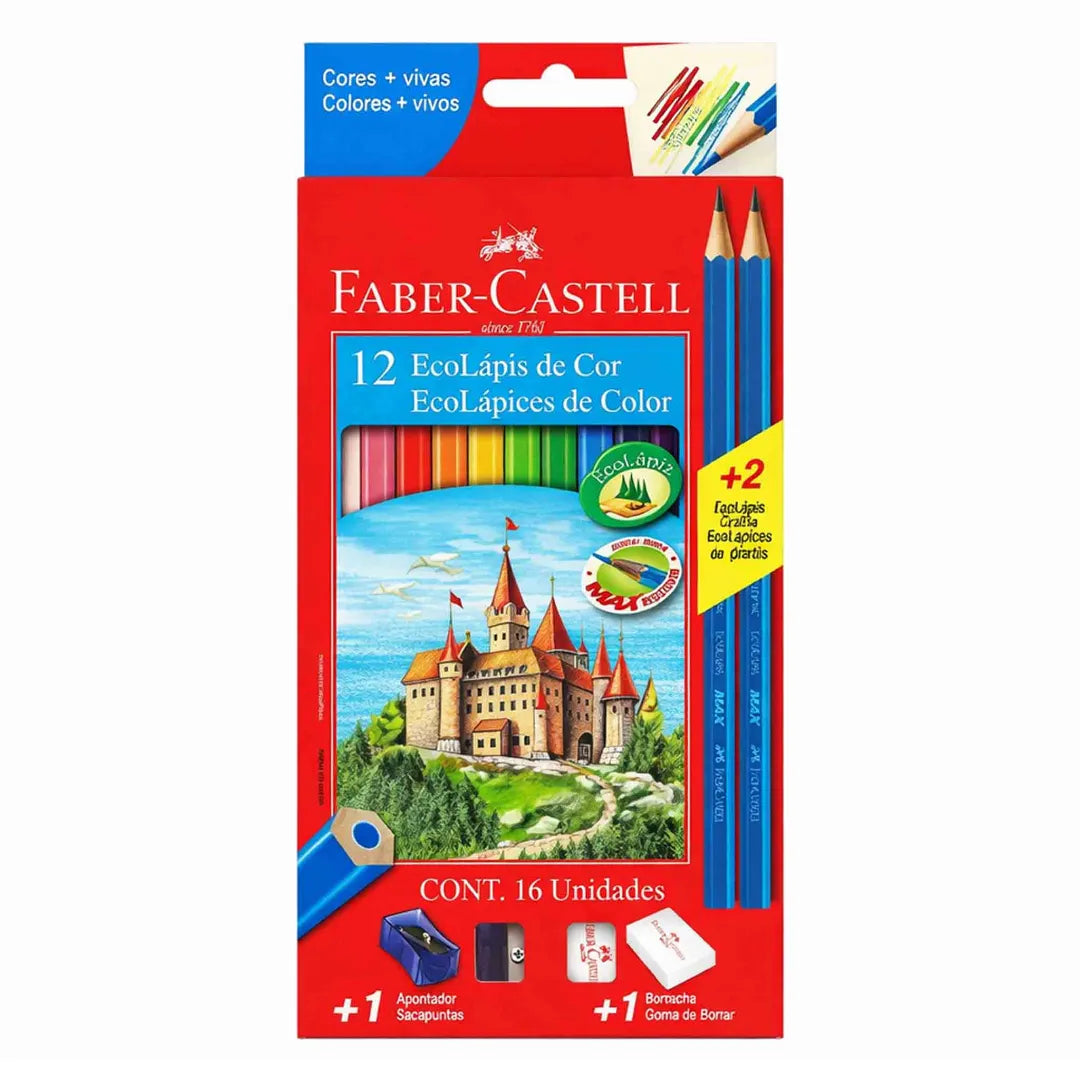 Pack Faber-Castell EcoLápiz con 12 lápices de colores, 2 grafitos, goma y sacapuntas para uso escolar.