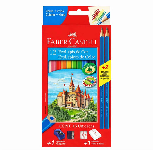 Pack Faber-Castell EcoLápiz con 12 lápices de colores, 2 grafitos, goma y sacapuntas para uso escolar.