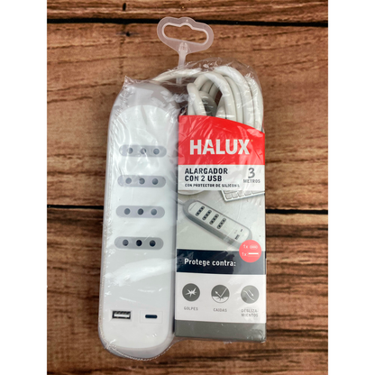 Alargador 4 Tomas 3 Metros 2 Puertos Usb Y Tipo C Halux HALUX- Dermocosmetica_belleza_online