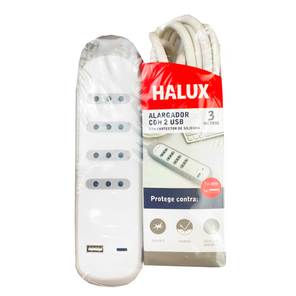 Alargador 4 Tomas 3 Metros 2 Puertos Usb Y Tipo C Halux HALUX- Dermocosmetica_belleza_online