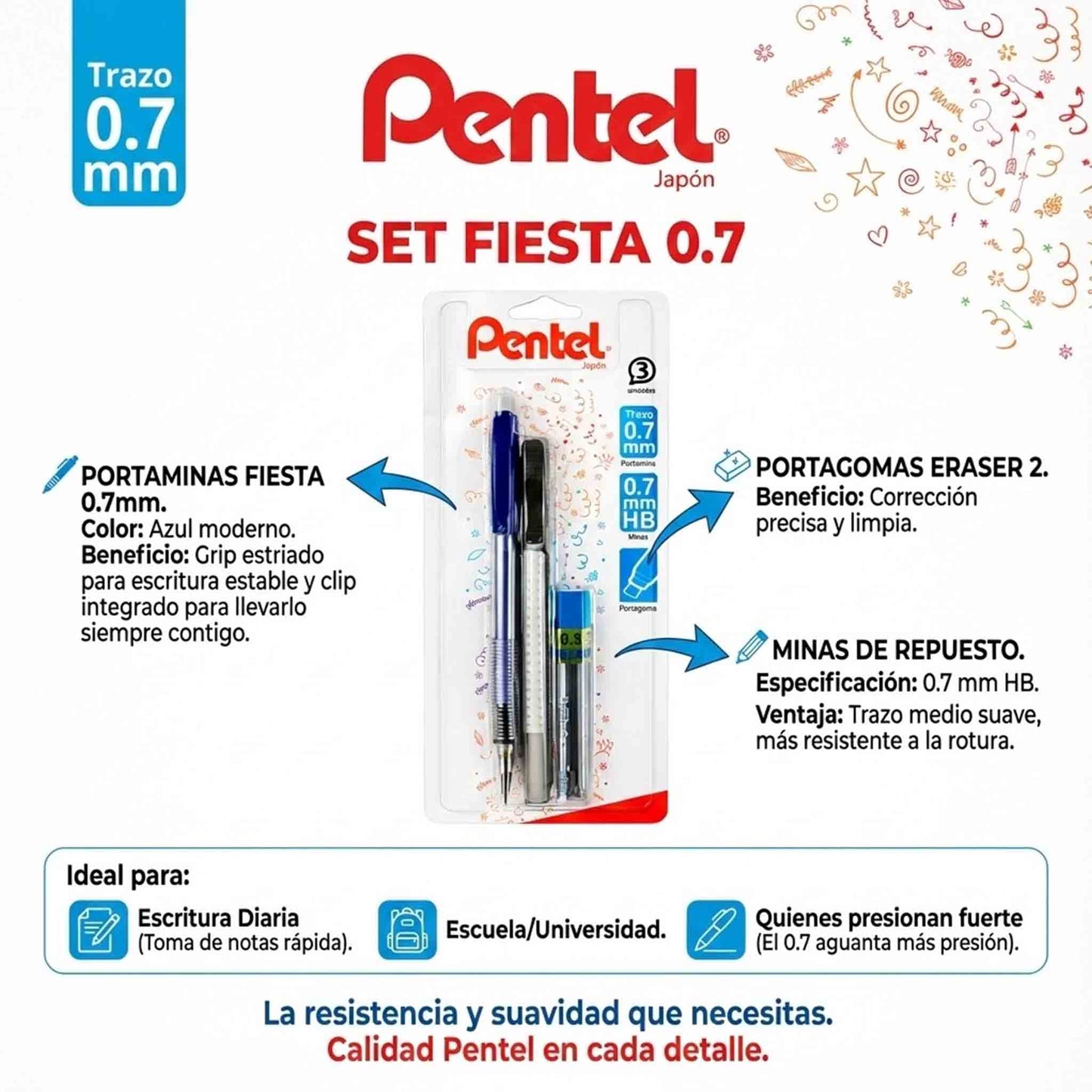 Pack Pentel Portamina Fiesta 0.7mm + Portagoma + Minas