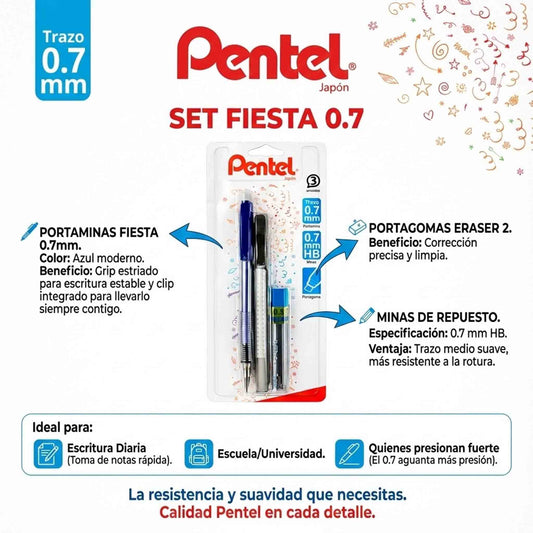 Pack Pentel Portamina Fiesta 0.7mm + Portagoma + Minas