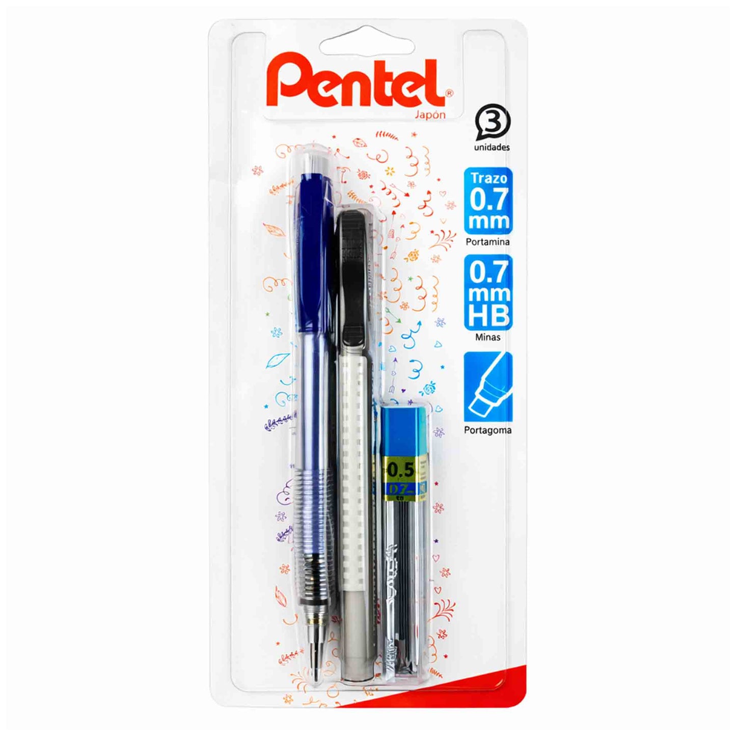 Pack Pentel Portamina Fiesta 0.7mm + Portagoma + Minas
