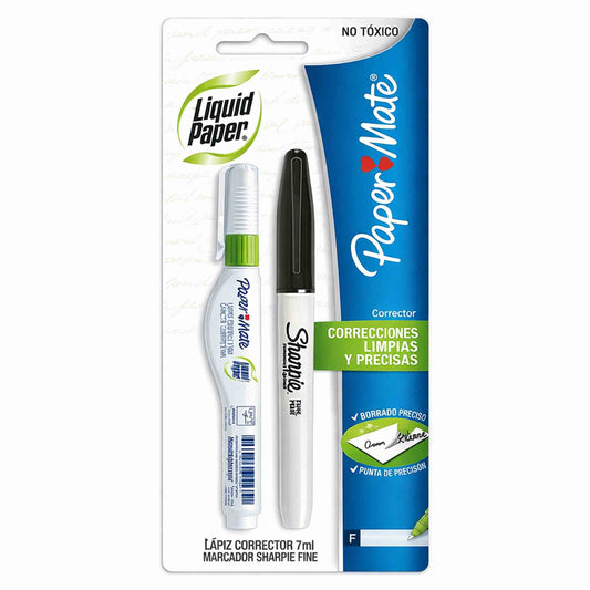 Set Corrector Liquid Paper 7 ml + Marcador Permanente Sharpie