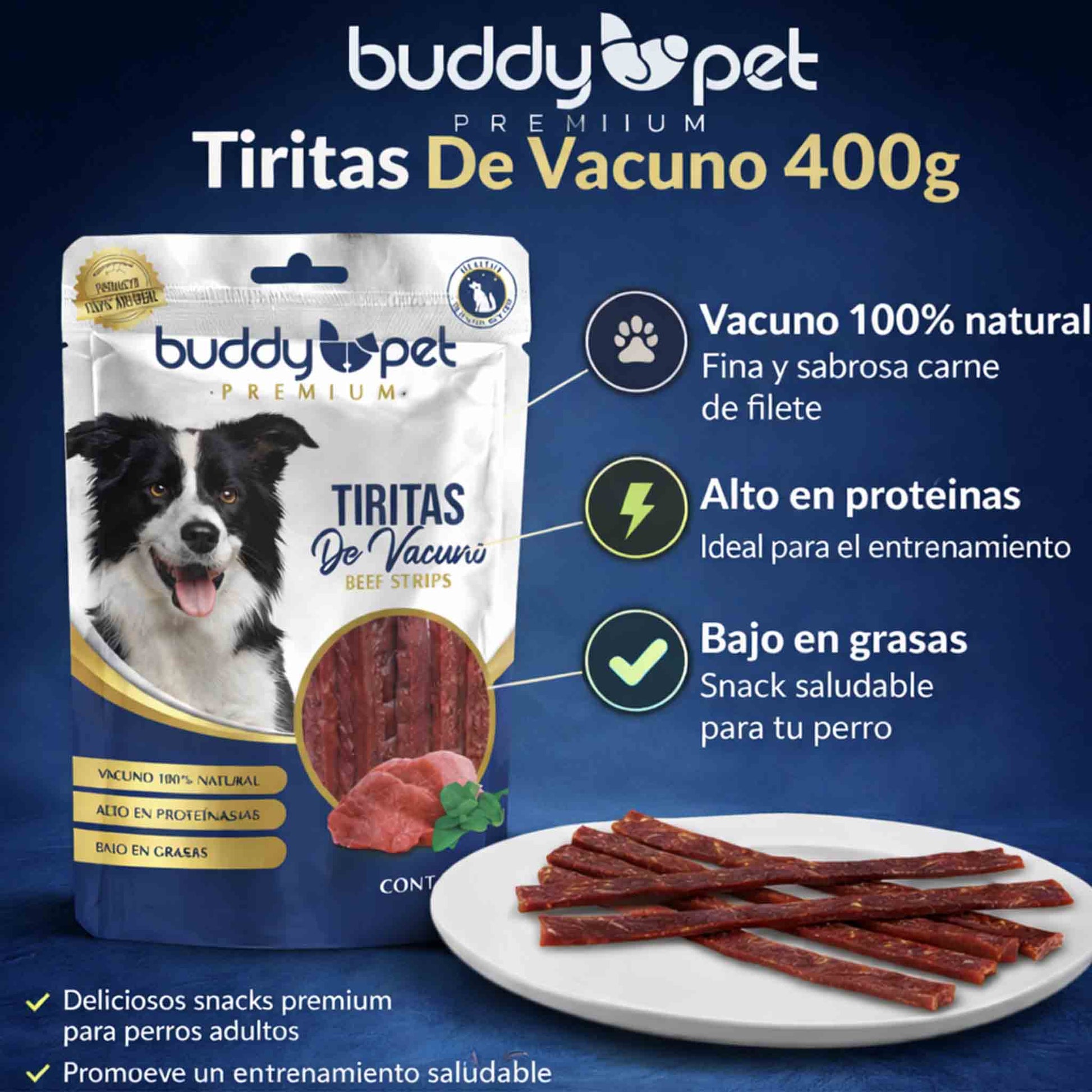 Snack perros Buddy Pet tiritas vacuno natural alto proteínas