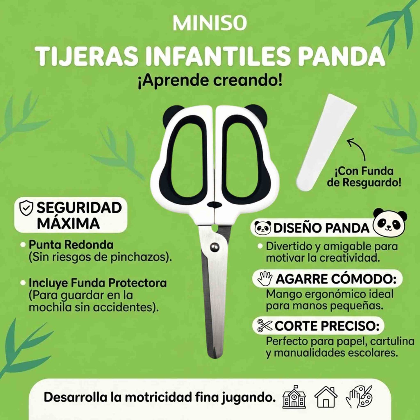 Tijeras Infantiles Panda MINISO 13cm Corte Preciso Punta Redonda