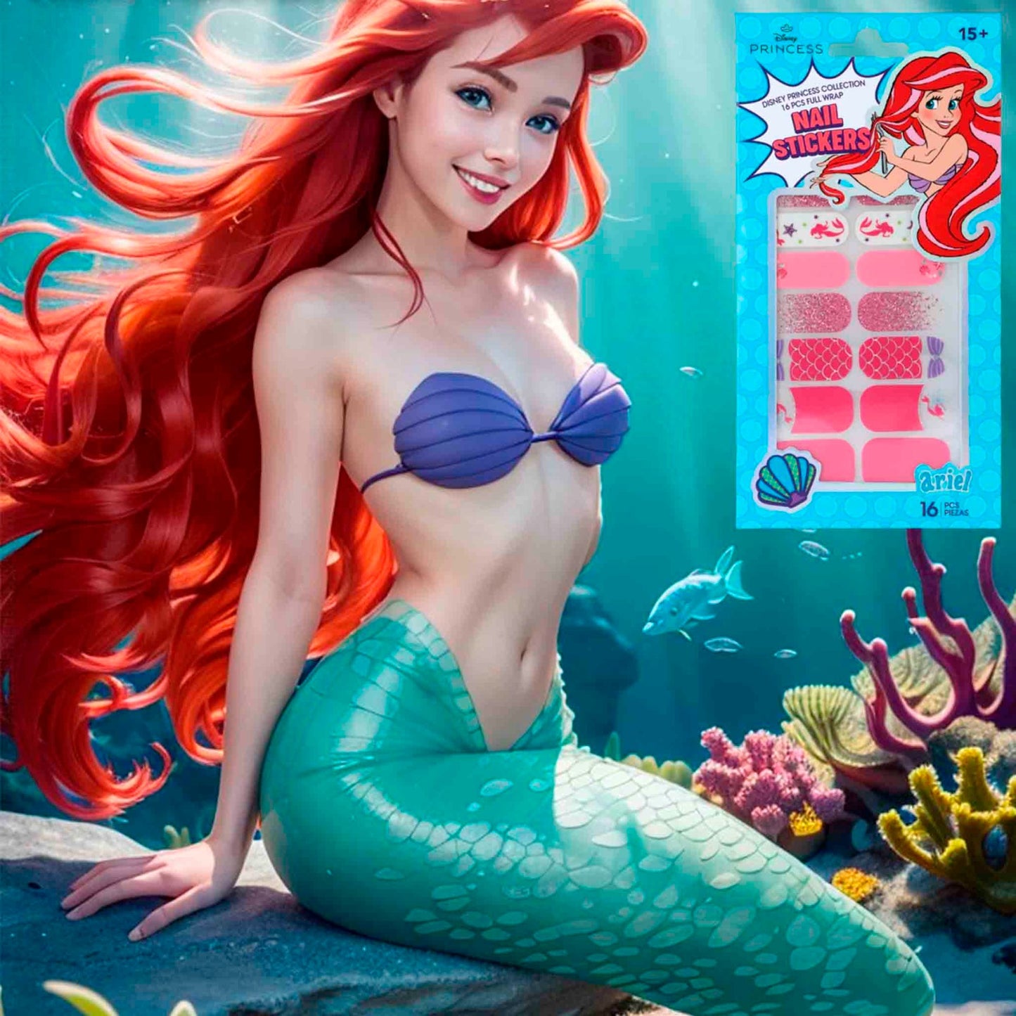 Stickers de Uñas Disney Ariel 16 Piezas Full Wrap