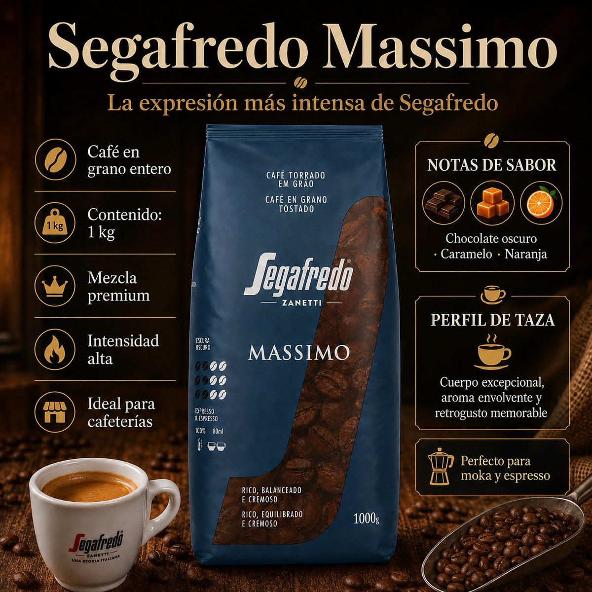 Detalle del Café Segafredo Massimo en grano entero