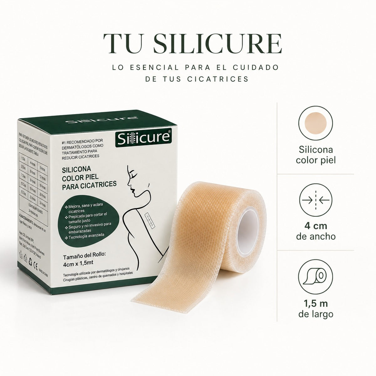 Sillicure Rollo de Silicona para Cicatrices 4 cm x 1,5 m