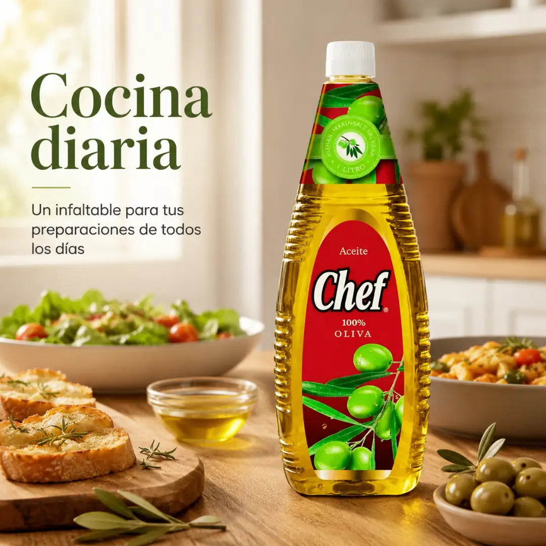 Botella de Aceite Chef 100% oliva de 1 litro, formato familiar para cocinar, aliñar y usar en ensaladas.